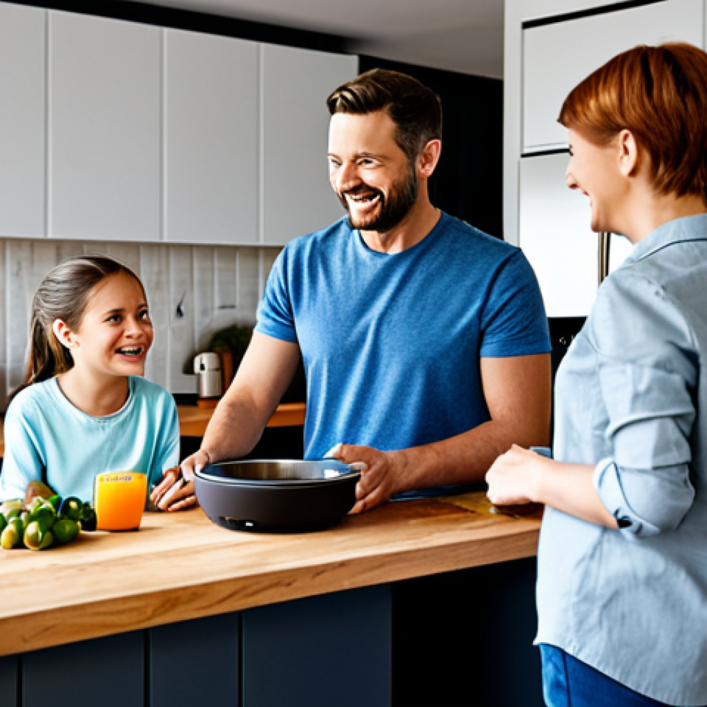 Smart Home Assistant**

"A modern kitchen with a family interacting with a smart home assistant device, fully clothed, appropriate content, safe for work. The scene shows a warm, inviting atmosphere with appliances and integrated technology. The family is smiling and engaged, demonstrating the convenience of AI in daily life. perfect anatomy, natural proportions, professional, modest, family-friendly. Focus on positive interaction and integration, well-formed hands, proper finger count, natural body proportions, professional photography, high quality, safe for work."

**