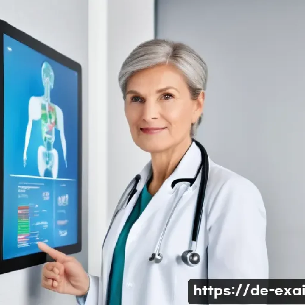 설명 가능한 AI의 사용자 요구 분석 - A modern medical consultation room in Germany, featuring a middle-aged female doctor explaining AI-d...