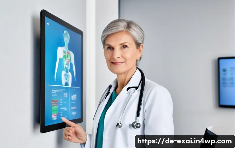 설명 가능한 AI의 사용자 요구 분석 - A modern medical consultation room in Germany, featuring a middle-aged female doctor explaining AI-d...