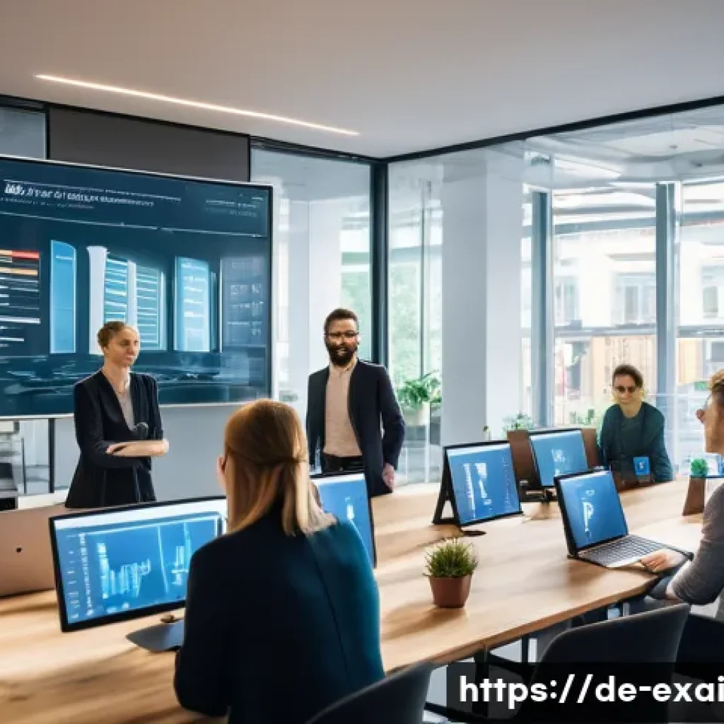 설명 가능한 AI의 운영 효율성 증대 - A modern office scene in Berlin with a diverse team of data scientists, domain experts, and end-user...