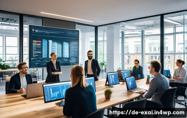 설명 가능한 AI의 운영 효율성 증대 - A modern office scene in Berlin with a diverse team of data scientists, domain experts, and end-user...