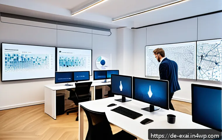 설명 가능한 AI의 기능 검증 프로세스 - A modern data science workspace in a bright, clean office environment located in Berlin, featuring a...