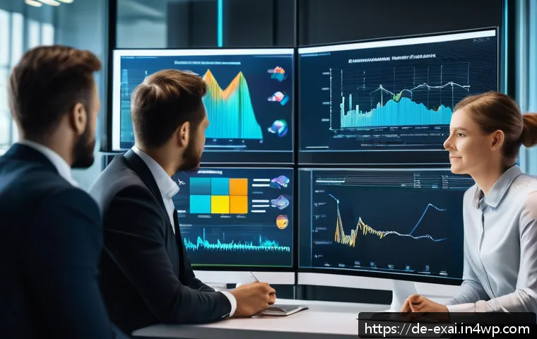 설명 가능한 AI의 분석적 접근 - A modern financial office scene showing a diverse group of professionals analyzing transparent AI de...