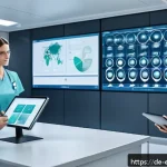 설명 가능한 AI와 차세대 기술 - A modern German hospital setting with diverse medical professionals (doctors and nurses) reviewing a...