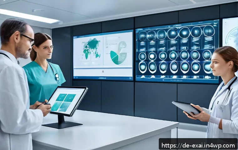 설명 가능한 AI와 차세대 기술 - A modern German hospital setting with diverse medical professionals (doctors and nurses) reviewing a...